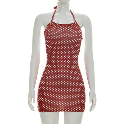 J26ds002 European and American Cross-Border Women's Spring and Summer Thin Strap Halter Backless Lace-up Polka Dot Printed Sheath Mini Dress