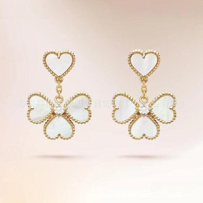 Cross-Border Red Agate Love Four-Leaf Flower Earrings Simple High-End Temperament Versatile Earrings for Women