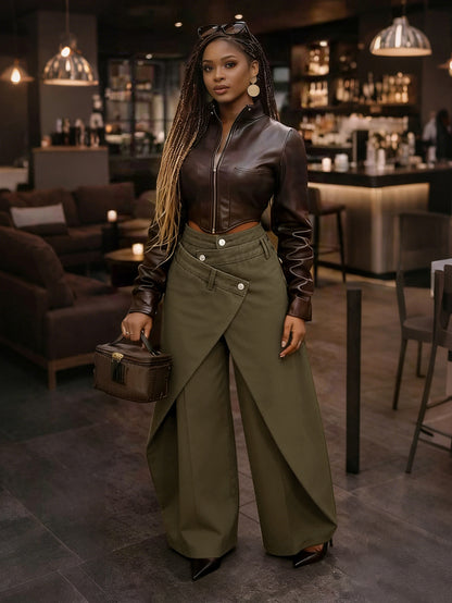 S391529 American Retro Spicy Girl Style Irregular Wide-Leg Pants High Waist Cross Metal Buckle Slimming Draping Trousers