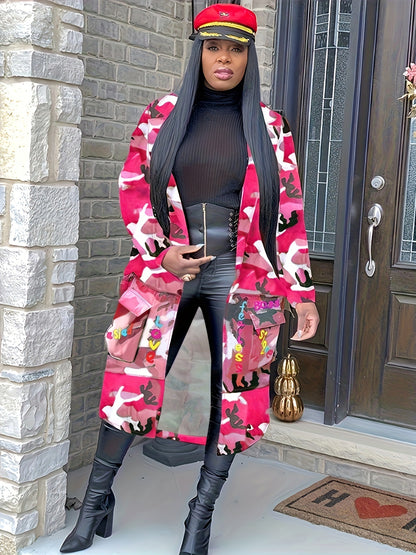 S390237 Spot Wholesale Women's Mid-Length Casual Fashion European and American Camouflage Printed Patch Jacket Military Outwear