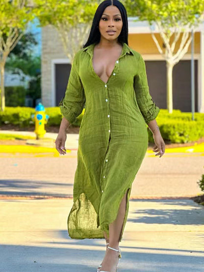 S391137 Cross-Border European and American Women's Summer Fashion Casual Long Shirt Dress with Side Slits and Elegant See-Through Dress