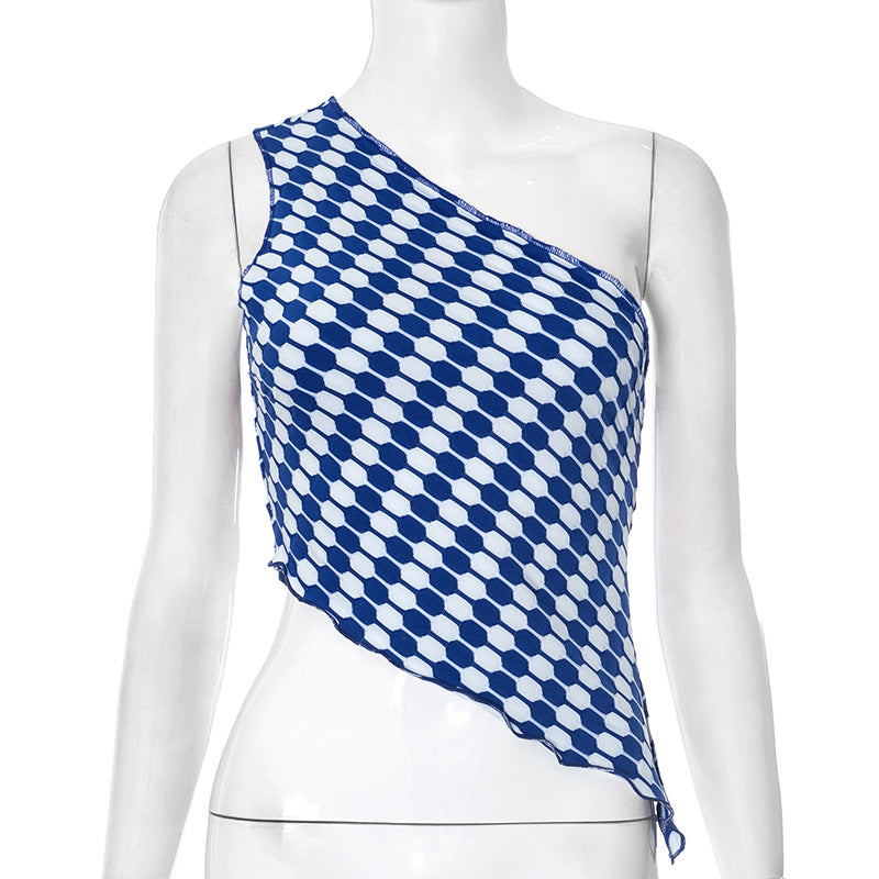 J25TP007 Europe and the United States cross-border women's spring and summer diagonal off-shoulder pullover irregular small curling short T-shirt top