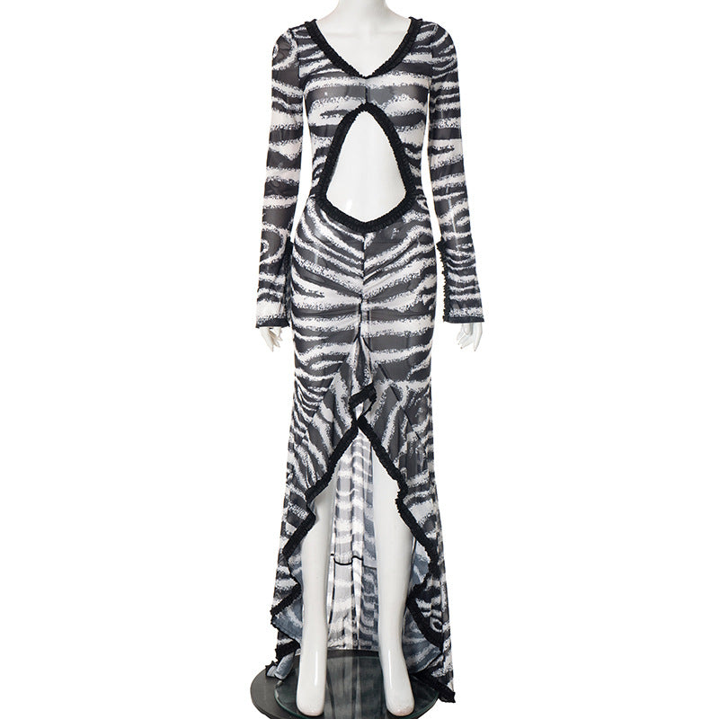 J25Ds204 European and American Cross-Border Women's Summer and Autumn V Neck Zebra Pattern Cut Out Pleated Edge Cuff Slit Fishtail Dress