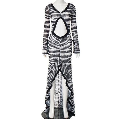 J25Ds204 European and American Cross-Border Women's Summer and Autumn V Neck Zebra Pattern Cut Out Pleated Edge Cuff Slit Fishtail Dress