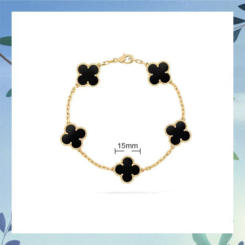 High version 925 silver 9mm small six-flower mini four-leaf clover bracelet women's full diamond natural white fritillary red chalcedony agate