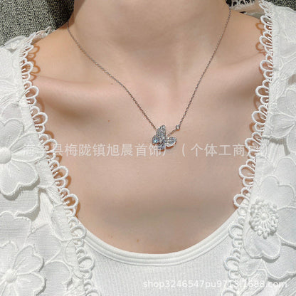 White Fritillaria Butterfly Necklace Women's Alloy Plated 18K Rose Gold Light Luxury Niche Full Diamond Clavicle Chain Original Bracelet
