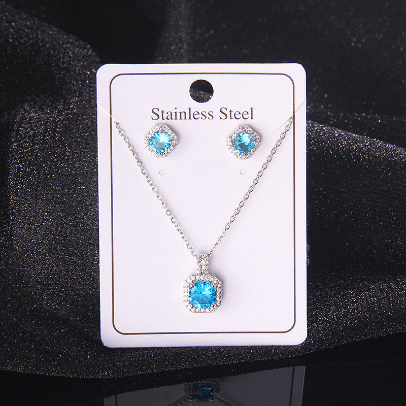 Set of Zircon Cross-Border Aliexpress Crystal Square Diamond Full Diamond Perfume Bottle Necklace Women's Jewelry Earrings Hot Selling Earrings
