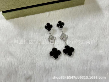 2024 New Four-Leaf Clover Three-Flower Plated 18K Gold Black Agate Red Chalcedony Long Earrings for Women Ins Earrings Anti-Over