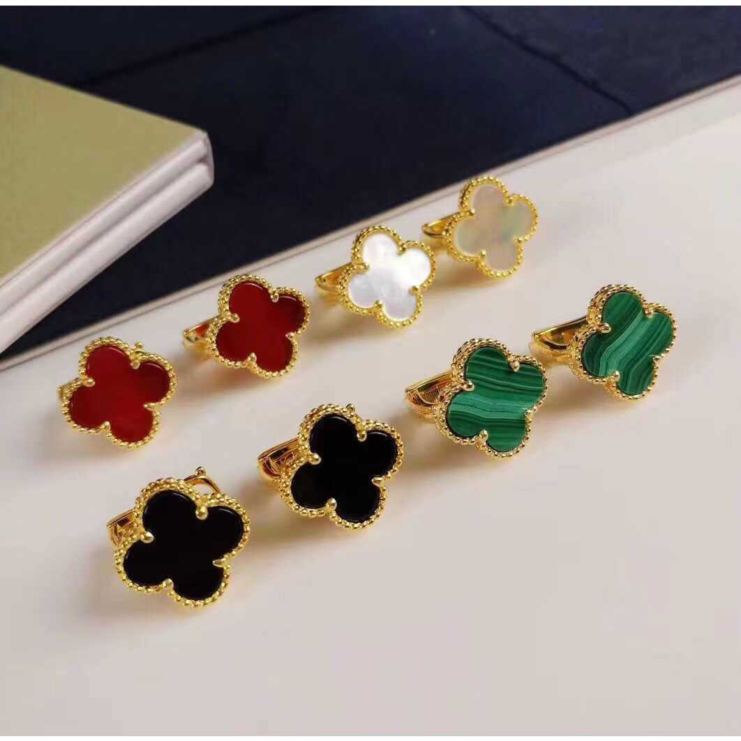 New V Gold High Version Four-Leaf Clover Earrings Thick Plated 18K Real Gold Clover White Mother-Of-Pearl Natural Carnelian Earrings