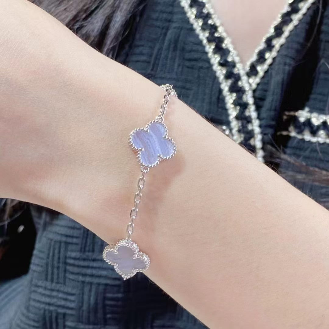 High version 925 silver 9mm small six-flower mini four-leaf clover bracelet women's full diamond natural white fritillary red chalcedony agate