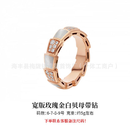 18K Gold Snake Bone Ring Stacked Ring Diamond Ring White Fritillaria Rose Gold Platinum Diamond Ring for Men and Women Couple