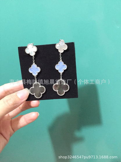2024 New Four-Leaf Clover Three-Flower Plated 18K Gold Black Agate Red Chalcedony Long Earrings for Women Ins Earrings Anti-Over