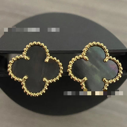 New V Gold High Version Four-Leaf Clover Earrings Thick Plated 18K Real Gold Clover White Mother-Of-Pearl Natural Carnelian Earrings