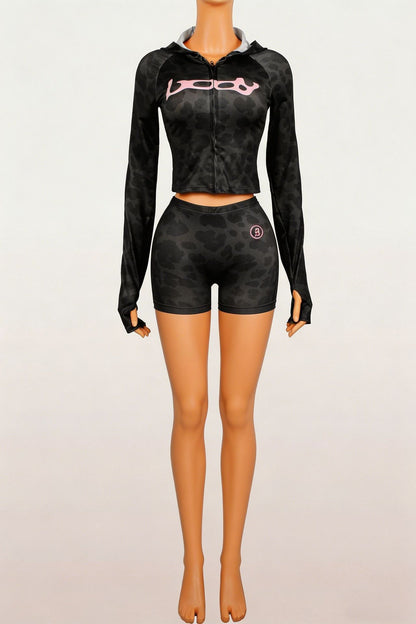 New Ins Trendy Printed Sports Style Elastic Zipper Hooded Jacket Top Shorts Suit Two-Piece Women's Clothing