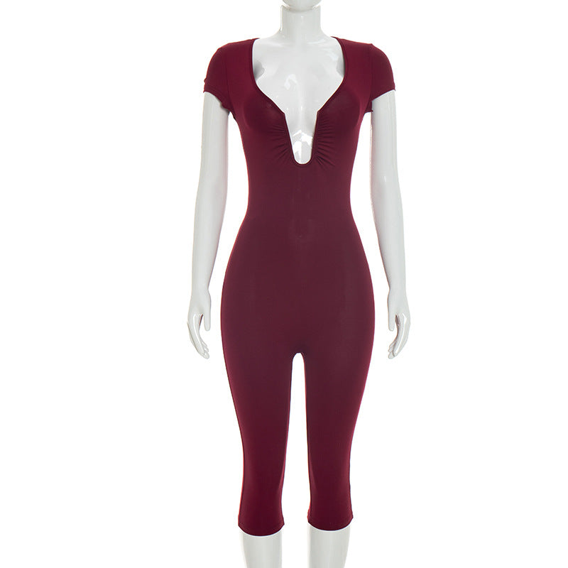 J25jp479 European and American Cross-Border Women's Clothing Spring and Summer Chest U-Neck Sleeve Solid Color Elastic Zipper Cropped Jumpsuit