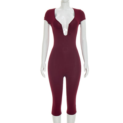 J25jp479 European and American Cross-Border Women's Clothing Spring and Summer Chest U-Neck Sleeve Solid Color Elastic Zipper Cropped Jumpsuit