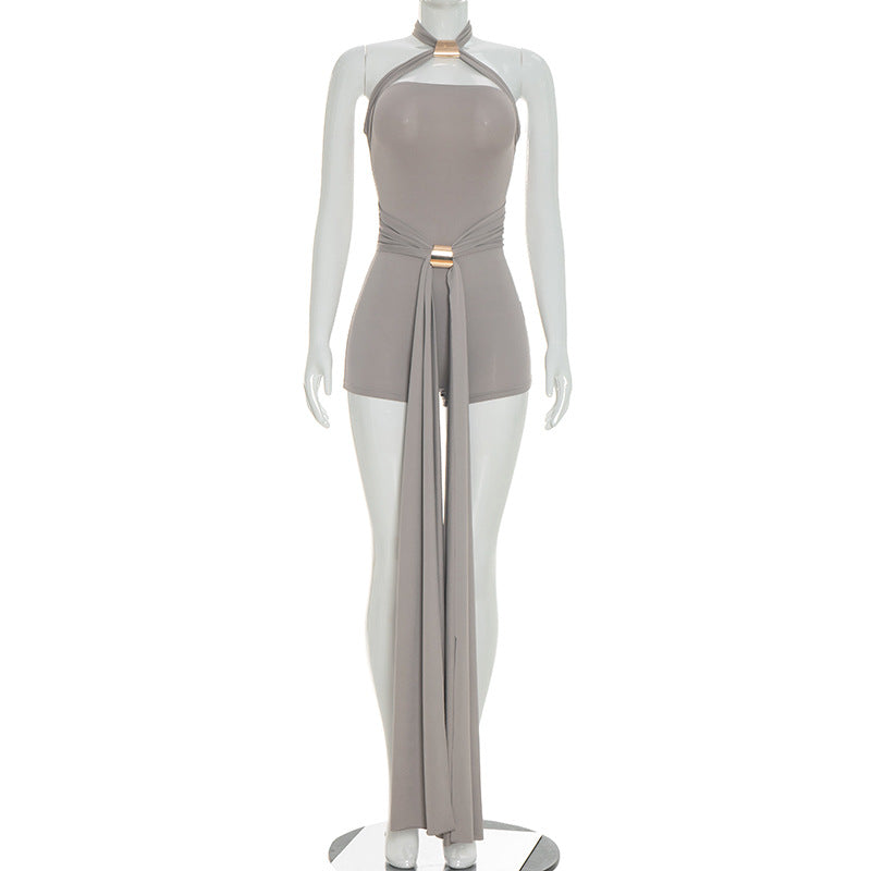 J26rp128 European and American Cross-Border Women's Spring and Summer Pants Cross Halter Backless Metal Buckle Ribbon Stitching Three-Point Jumpsuit