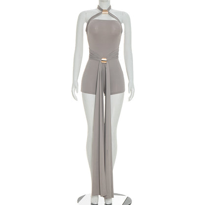 J26rp128 European and American Cross-Border Women's Spring and Summer Pants Cross Halter Backless Metal Buckle Ribbon Stitching Three-Point Jumpsuit