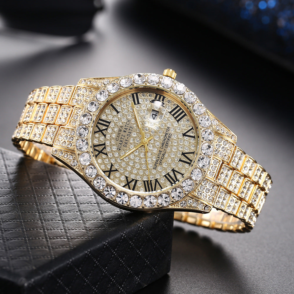 Internet Celebrity Watch Men's High-End Full Diamond Cross-Border Steel Band Fashion Rhinestone Calendar Quartz Watch Starry Men's Watch