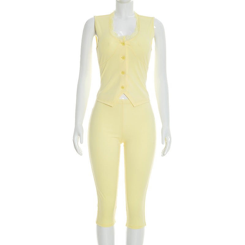 J26jp059 European and American Cross-Border Women's Clothing Spring and Summer U-Collar Lace Sleeveless Cropped Jumpsuit with Button Front Slit