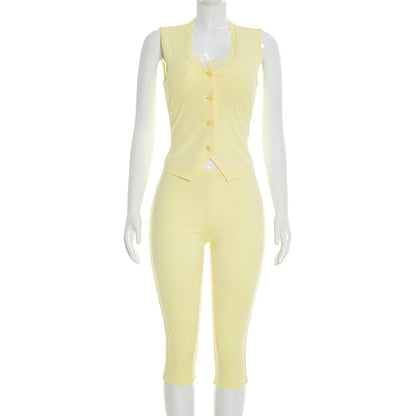 J26jp059 European and American Cross-Border Women's Clothing Spring and Summer U-Collar Lace Sleeveless Cropped Jumpsuit with Button Front Slit