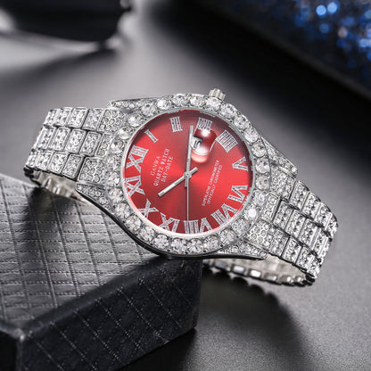 Internet Celebrity Watch Men's High-End Full Diamond Cross-Border Steel Band Fashion Rhinestone Calendar Quartz Watch Starry Men's Watch