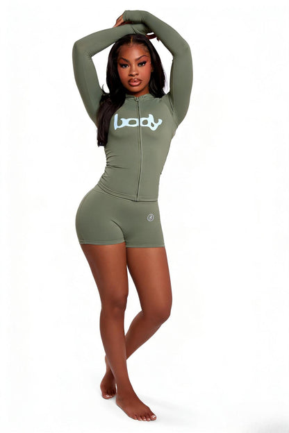 New Ins Trendy Printed Sports Style Elastic Zipper Hooded Jacket Top Shorts Suit Two-Piece Women's Clothing