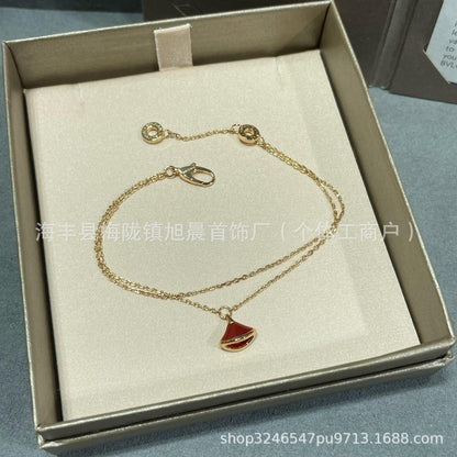 Rose Gold Small Skirt Fan-shaped White Fritillaria Bracelet Women's Red Chalcedony Double-layer Chain Sterling Silver Plated 18K Gold Ins Style Bracelet