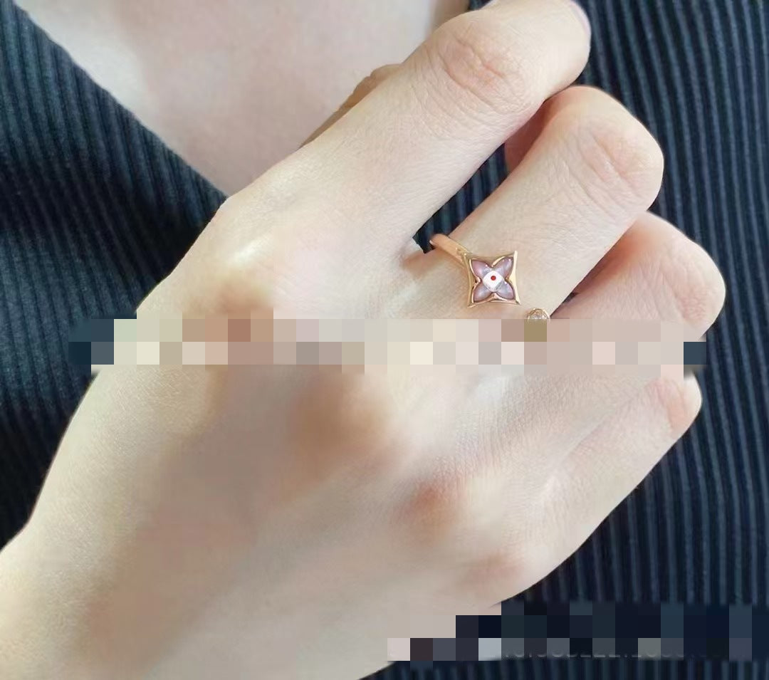 Donkey Home V Gold High Version Pointy Flower Round Cake Ring Women's Light Luxury Natural Fritillaria Thick Plating Fashionable Beautiful V Open Ring