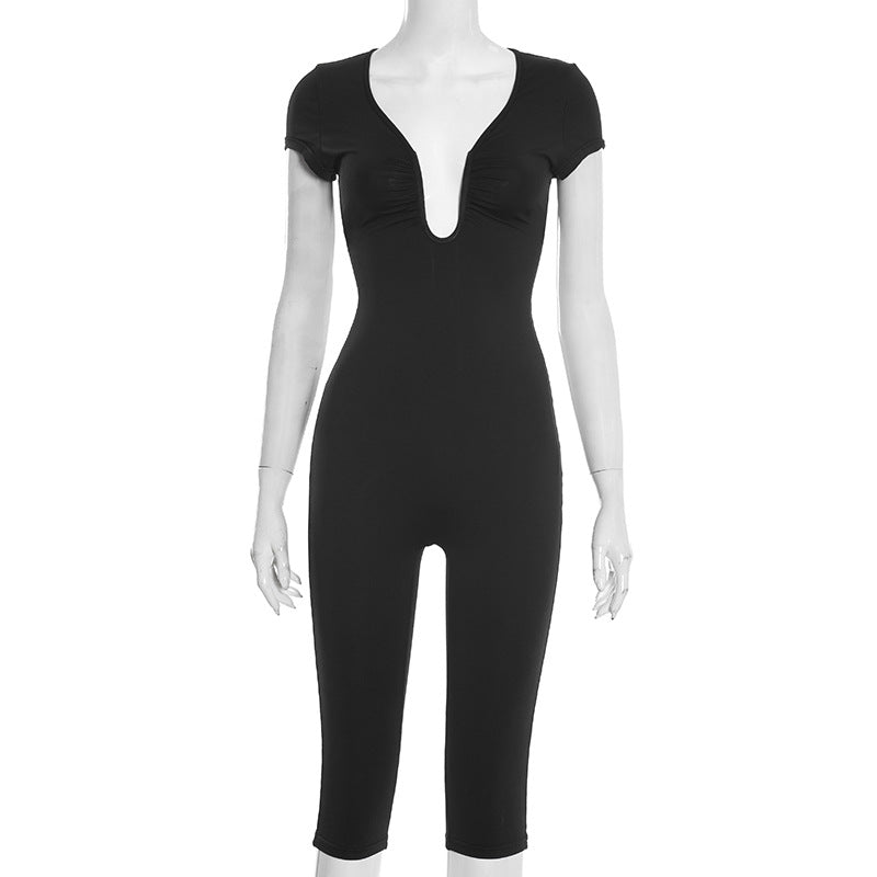 J25jp479 European and American Cross-Border Women's Clothing Spring and Summer Chest U-Neck Sleeve Solid Color Elastic Zipper Cropped Jumpsuit