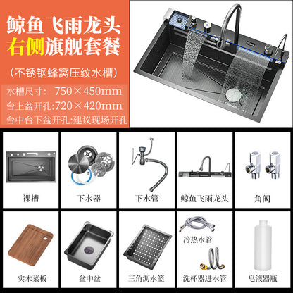 304 Stainless Steel Raindance Waterfall Sink Kitchen Multi-Functional Sink Household Digital Display Honeycomb Embossed Large Single Tank