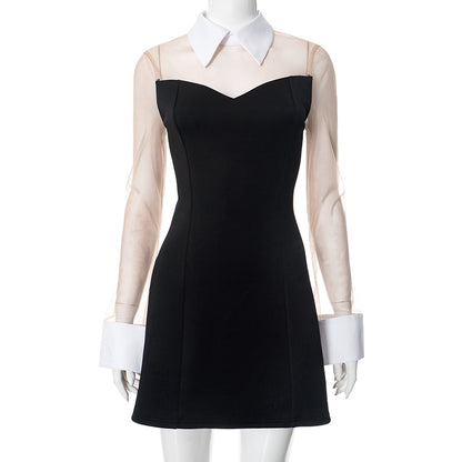 K25DS022 European and American Cross-border Women's Spring and Summer Shirt Lapel Mesh Stitching Zipper A- line Skirt Line dress
