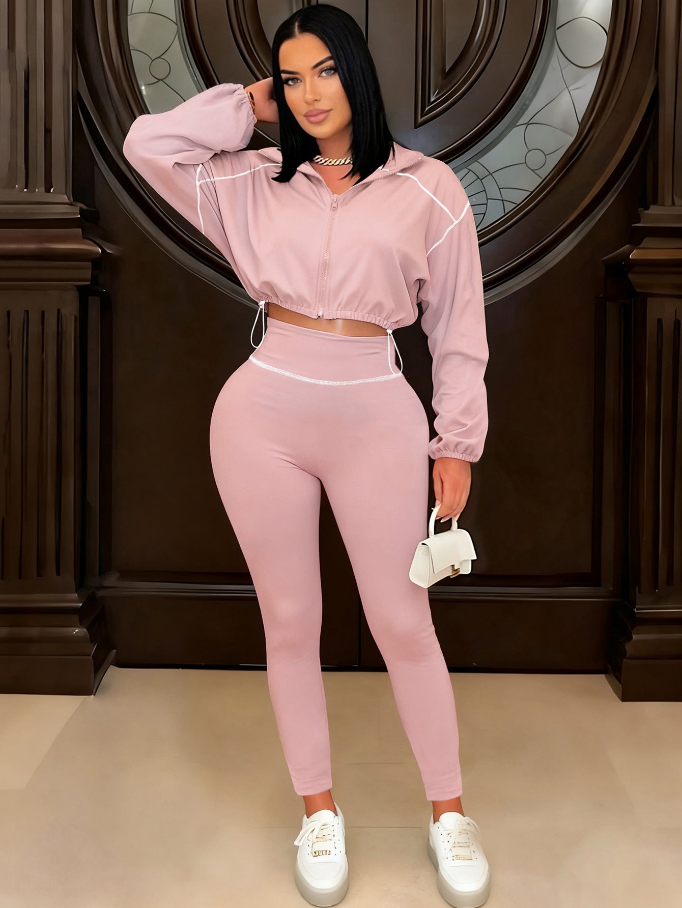 S391388 Fashionable Casual Sports Suit for Women Spring & Fall Pure Color Long-Sleeved Zipper Women's Slimming Look Two-Piece Set