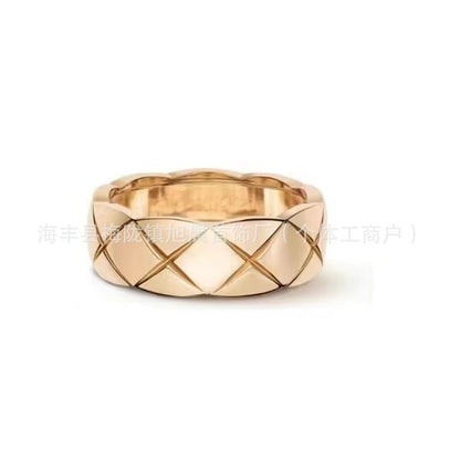 Coco Diamond Plaid Ring Light Luxury 18k Gold Diamond Inspired Stacked Wearing Wide and Narrow Edition High-end Small Chanel Style Couple Ring