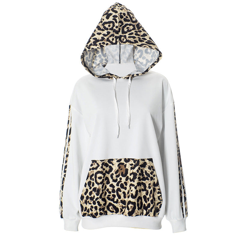 Letter F24TP161 European and American Women's Wear Autumn and Winter New Leopard Print Stitching Drawstring Pocket Loose Casual Hooded Sweat