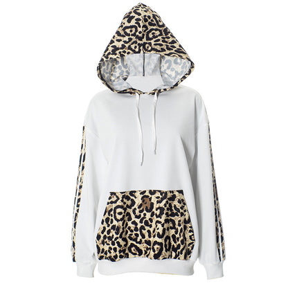 Letter F24TP161 European and American Women's Wear Autumn and Winter New Leopard Print Stitching Drawstring Pocket Loose Casual Hooded Sweat
