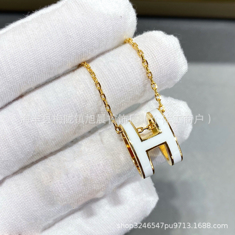 High Version V Gold H Letter Necklace Women's Color-free Enamel Clavicle Chain Light Luxury Rose Gold Pendant for Girlfriends Gift