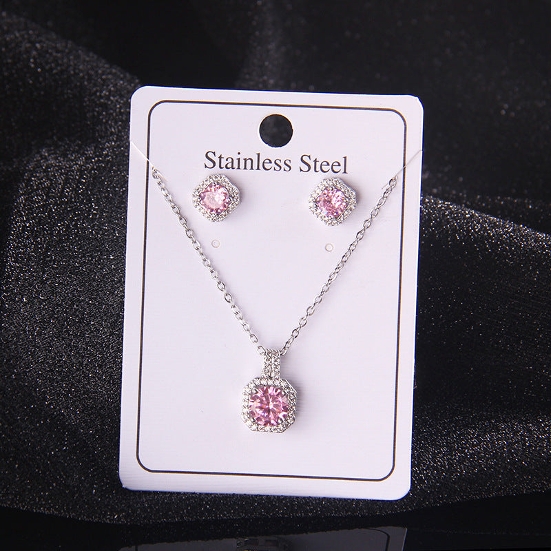 Set of Zircon Cross-Border Aliexpress Crystal Square Diamond Full Diamond Perfume Bottle Necklace Women's Jewelry Earrings Hot Selling Earrings