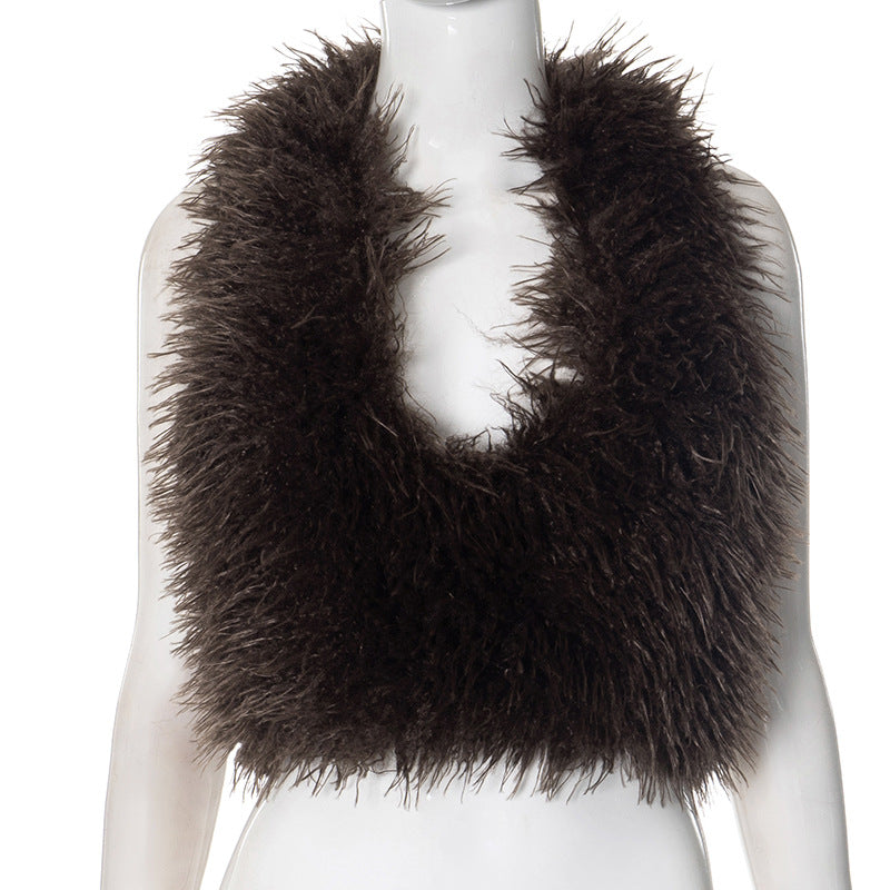 F24TP374 European and American Cross-border Women's Wear Autumn and Winter Mao Hanging Neck Vest Deep V-Neck Backless Tether Navel Top T-shirt