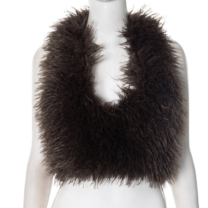 F24TP374 European and American Cross-border Women's Wear Autumn and Winter Mao Hanging Neck Vest Deep V-Neck Backless Tether Navel Top T-shirt