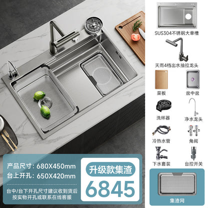 Kitchen Sink with Residue Collection, Small Grain Design, 304 Stainless Steel, Thickened Large Single Bowl, Embossed, Household Vegetable Washing Basin, Under-Counter or Above-Counter