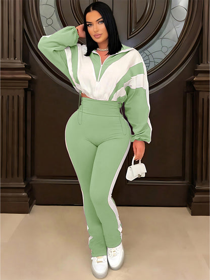 P391403 Contrast Color Stitching Sports Suit Women's Fashion Large Size Casual Pants + Cardigan Jacket Two-Piece Set