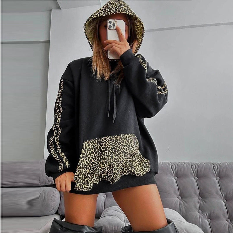 Letter F24TP161 European and American Women's Wear Autumn and Winter New Leopard Print Stitching Drawstring Pocket Loose Casual Hooded Sweat