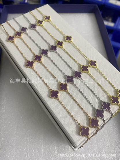 Vanjia Ten Flowers Four-Leaf Clover Necklace for Women, Twenty Flowers Plated with 18K Gold, Black Onyx, Purple Chalcedony, Laser Light Luxury High-End