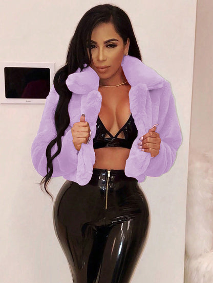 S391021 European and American Autumn and Winter Loose Artificial Fur Cardigan Short Jacket Plush Outwear