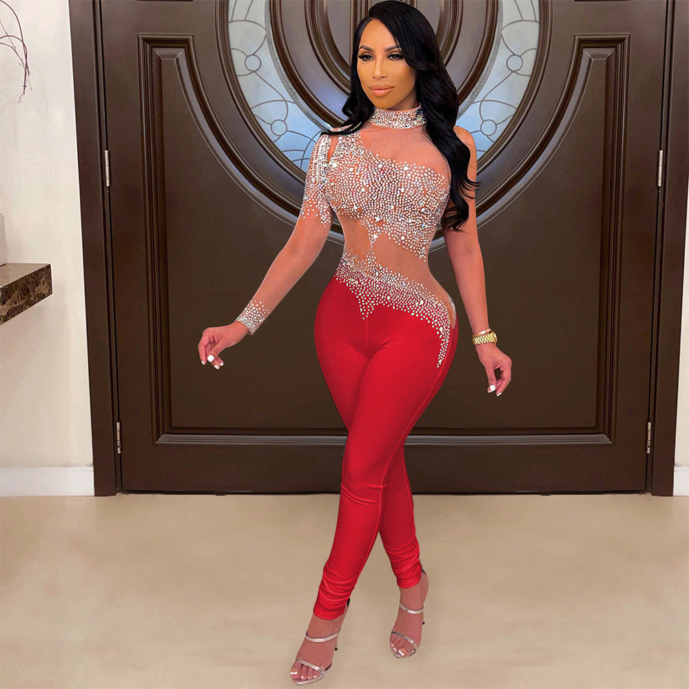 S390212 Aliexpress Cross-Border Foreign Trade Fashion Sexy Mesh See-Through Hot Diamond Pants Long-Sleeved Jumpsuit for Women