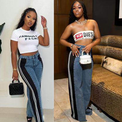 S391244 Cross-Border European and American Fashion Patchwork Stripesd Wide-Leg Denim Pants for Women Casual High-Waisted Straight Pants