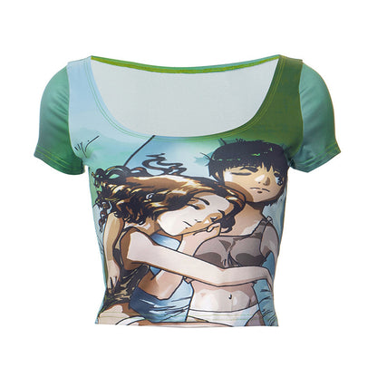K24TP153 EUropean anD American Style Women's SUmmer Fashion New 3D Digital Printing Short-sleeveD U-shapeD Collar Navel T-shirt Top