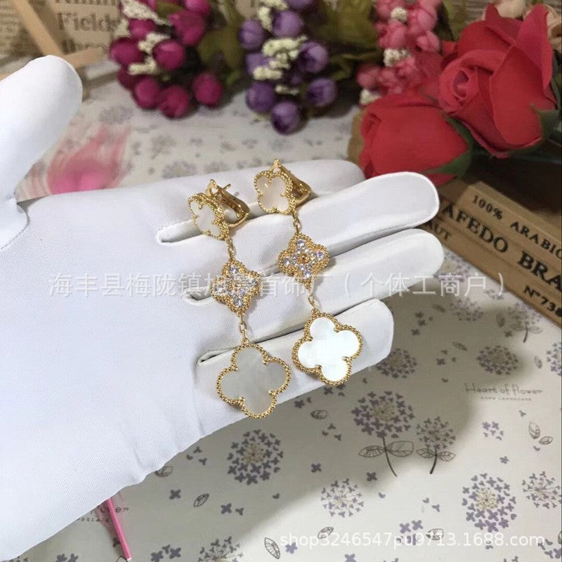 2024 New Four-Leaf Clover Three-Flower Plated 18K Gold Black Agate Red Chalcedony Long Earrings for Women Ins Earrings Anti-Over