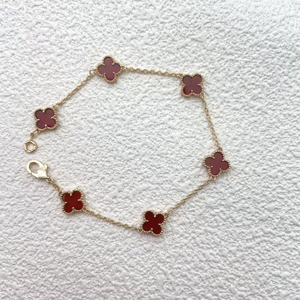 High version 925 silver 9mm small six-flower mini four-leaf clover bracelet women's full diamond natural white fritillary red chalcedony agate